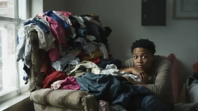 De door kleding overwoekerde stoel onthult een subtiele psychische wanorde