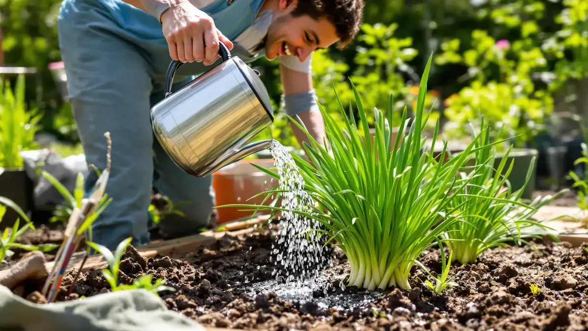 Het kookwater van rijst verbetert de dichtheid en de gezondheid van bieslook
