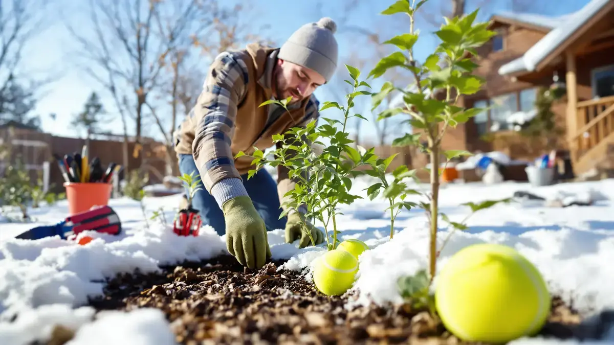 Midden in januari plaatsen ervaren tuiniers tennisballen in de tuin om een specifieke reden