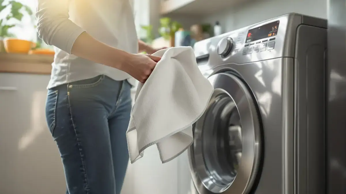 Ik neem een kledingstuk uit de keuken en doe het in de wasmachine om heerlijk zacht wasgoed te krijgen.