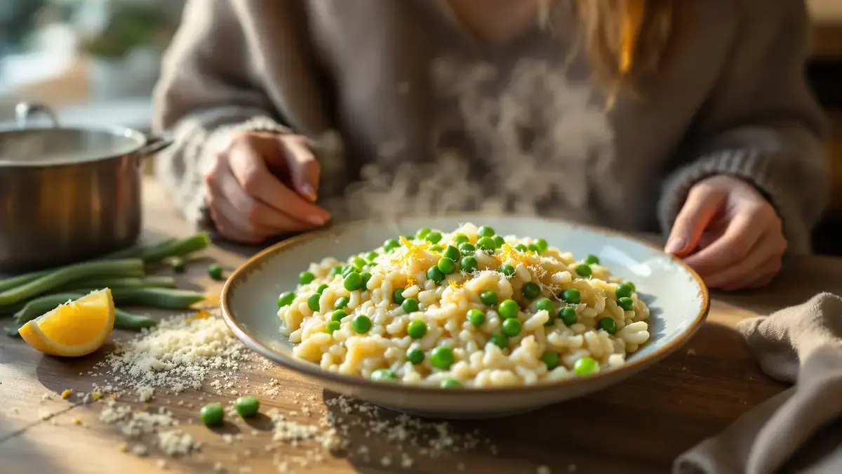 Een romige risotto met prei, doperwten en Parmezaanse kaas: een diner klaar in 25 minuten zonder wijn